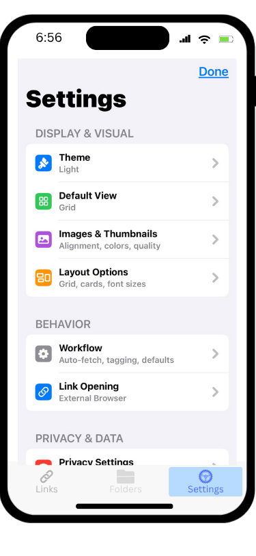 123FYI Settings View - Comprehensive customization options